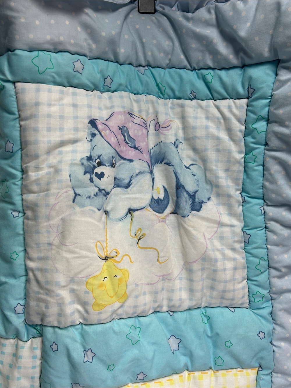 Rare Care Bear Baby Blanket Vintage Quilted Blue Stars Ruffled 2005